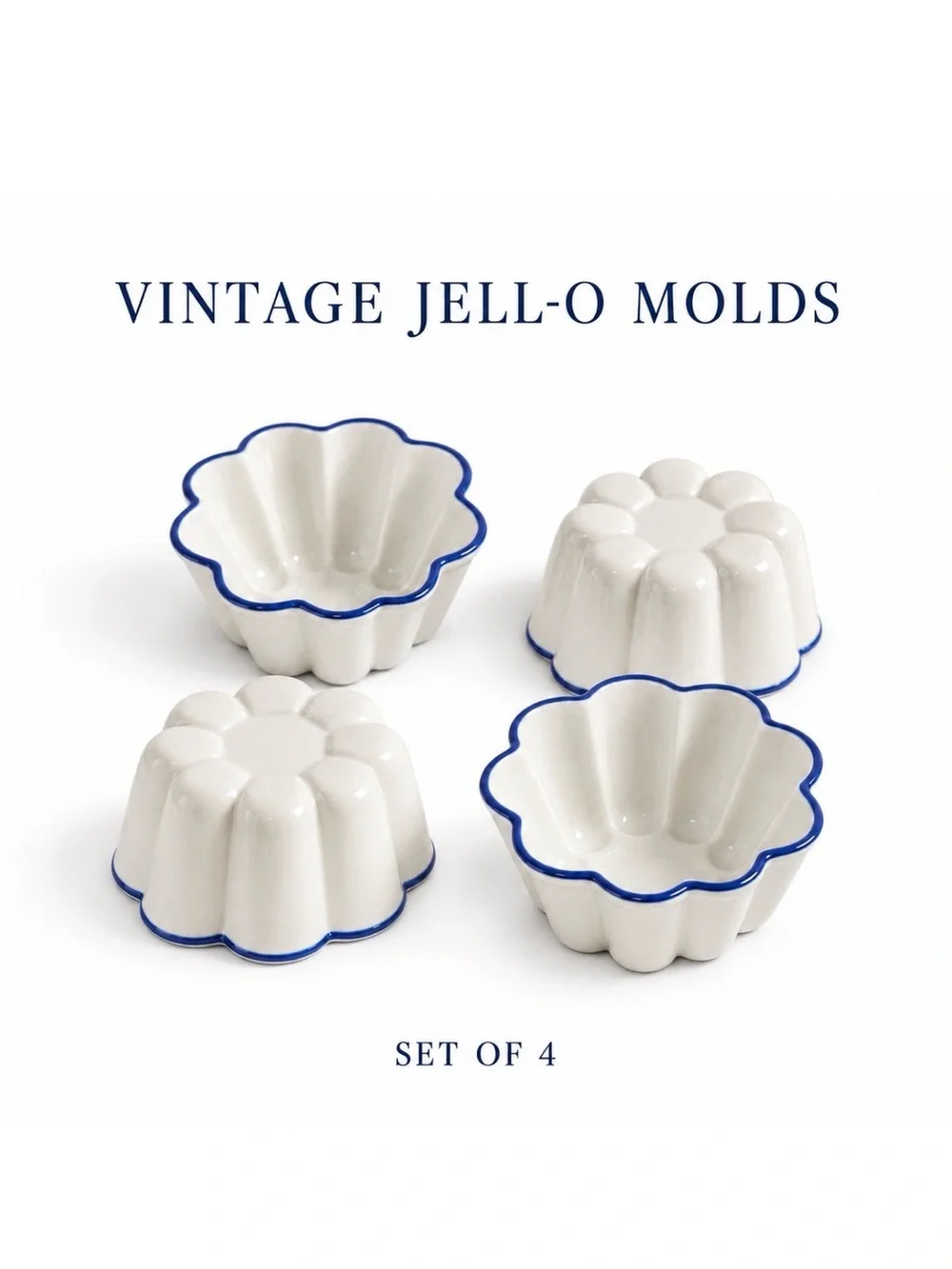 Vintage Fluted Jello/Flan Molds Set of 4 White Ceramic w Blue Rim